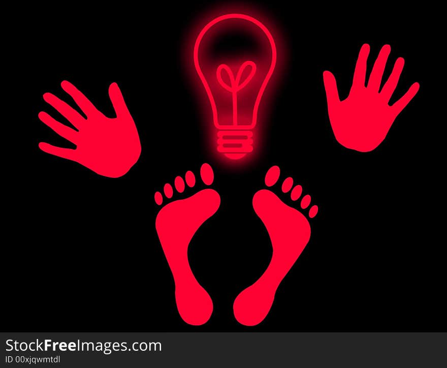 Hands, feet and a light bulb as head to represent genial idea. Hands, feet and a light bulb as head to represent genial idea