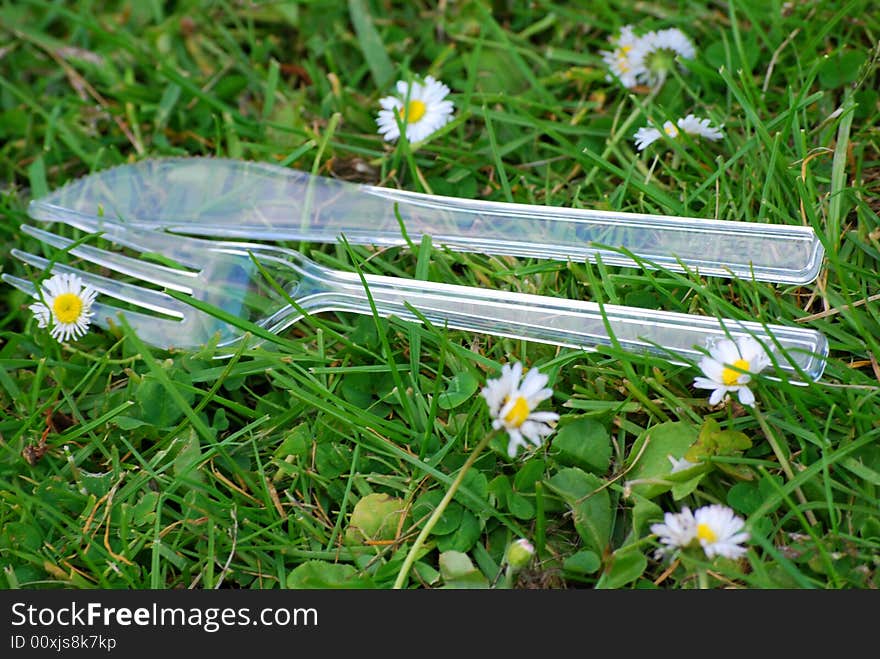 Some picnic cutlery on the grass,ready for a picnic