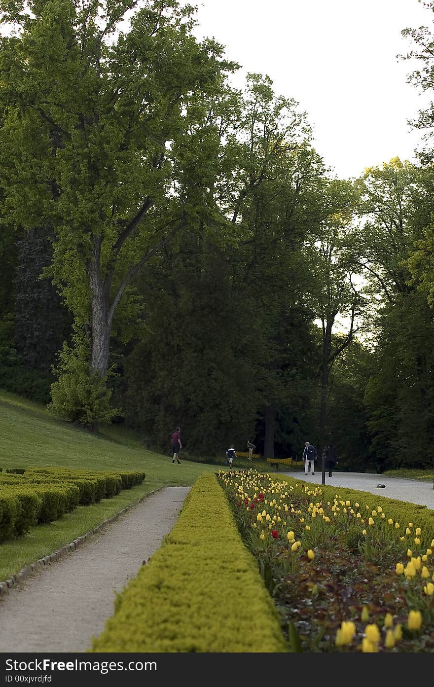 Old castle garden view with spring tulips. Old castle garden view with spring tulips