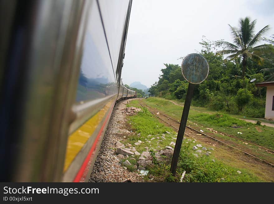 The train move slowly at one corner after departed from remote station. The train move slowly at one corner after departed from remote station.