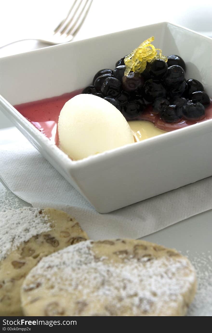 Blueberry with lemon sorbet and cookies. Blueberry with lemon sorbet and cookies