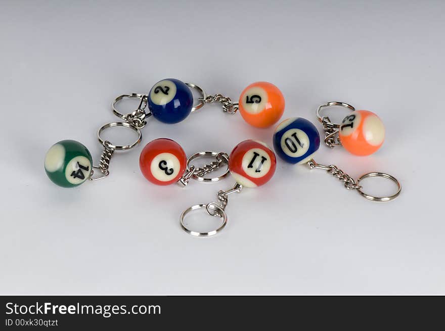 A number of pool balls miniaturized and attached to keyrings. A number of pool balls miniaturized and attached to keyrings.