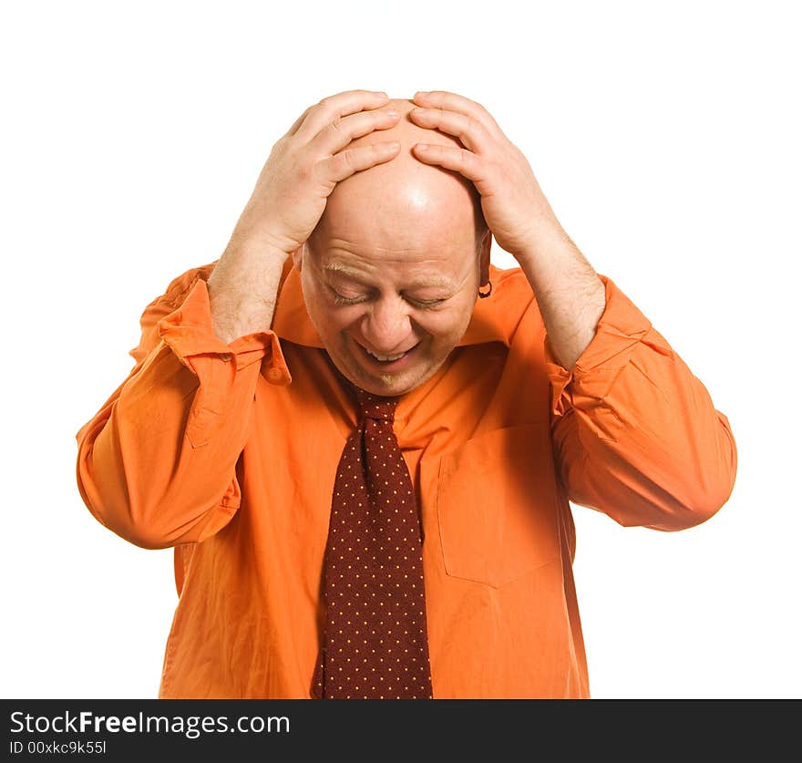 Cheerful comical bald man in an orange shirt and a red tie on a white background. Cheerful comical bald man in an orange shirt and a red tie on a white background