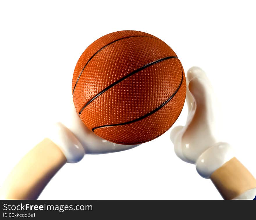 Basketball on hand close up,isolated on a white background