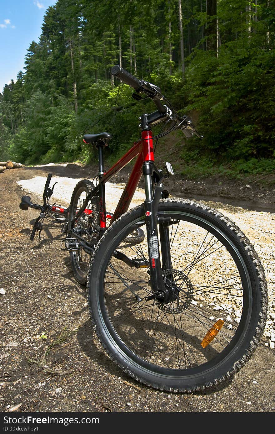 A red mountain bike resting. A red mountain bike resting