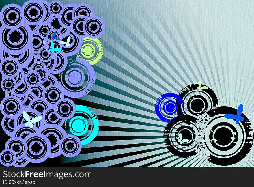 Abstract colored background with grunge circles and butterflies