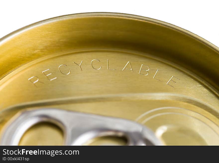 Recycle : Close up of top of aluminum soda can with word recyclable