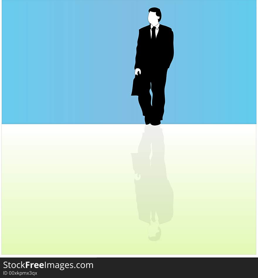 A business man in front of a blue background is reflected. A business man in front of a blue background is reflected.