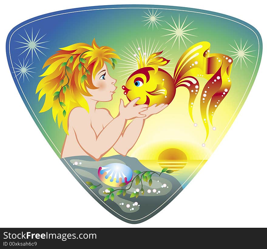 Child Mermaid talks to Gold Fish during sunset time on sea shore. Hi rez JPEG and EPS8 is available. All parts are grouped.