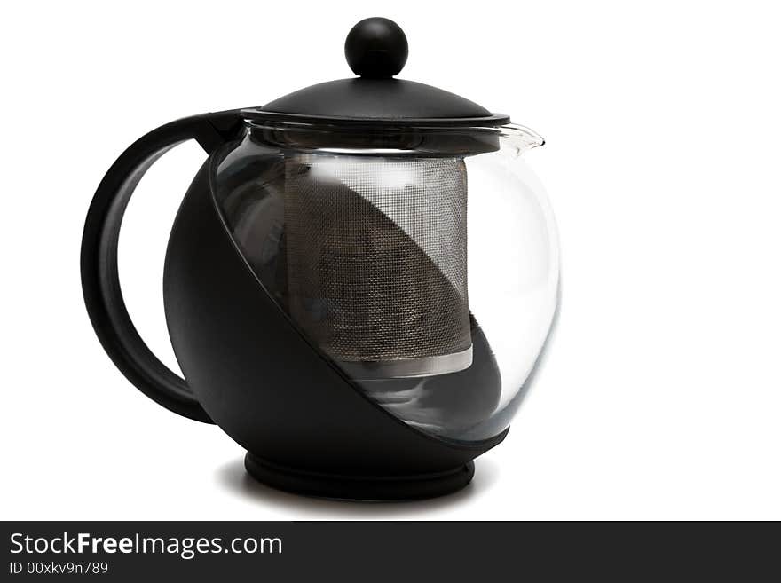 Round glass teapot on a white background