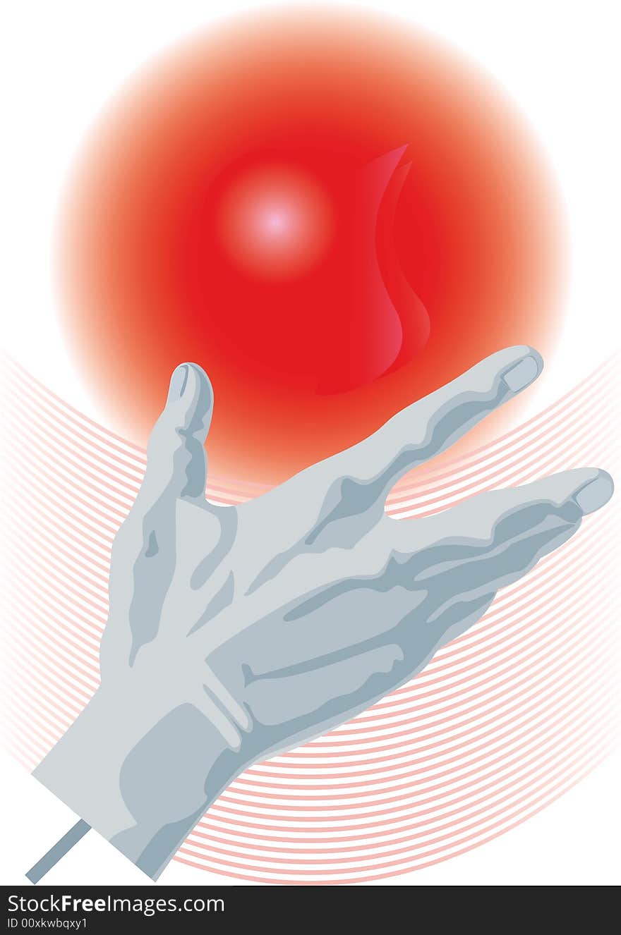 Hand. Sculpture on a background of a red sphere. Abstract. A vector illustration.