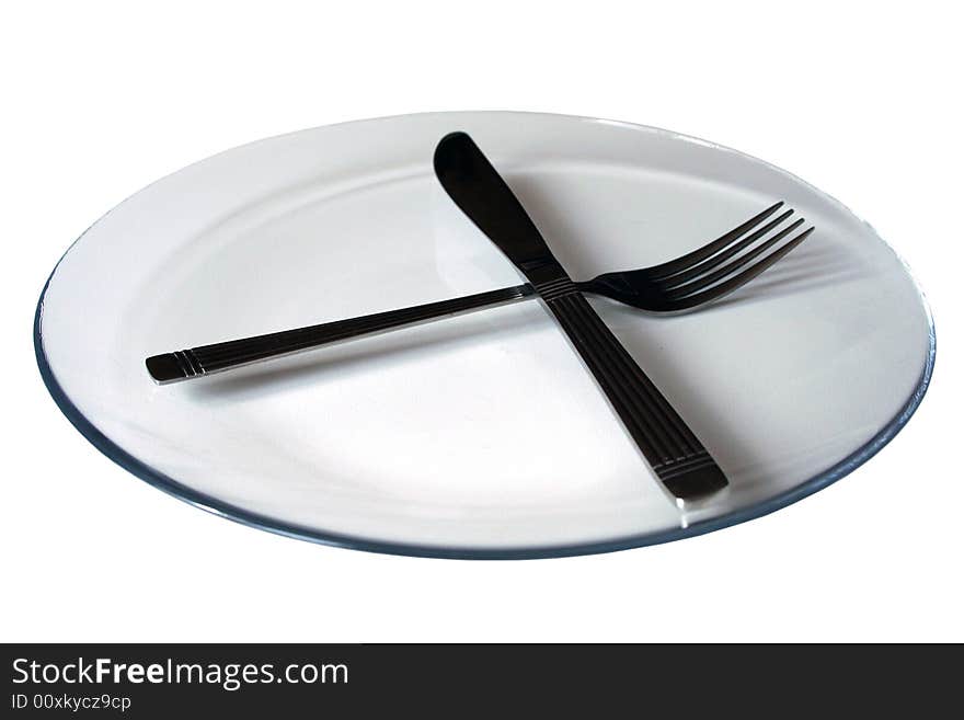 Plate with knife and fork on white background. Plate with knife and fork on white background