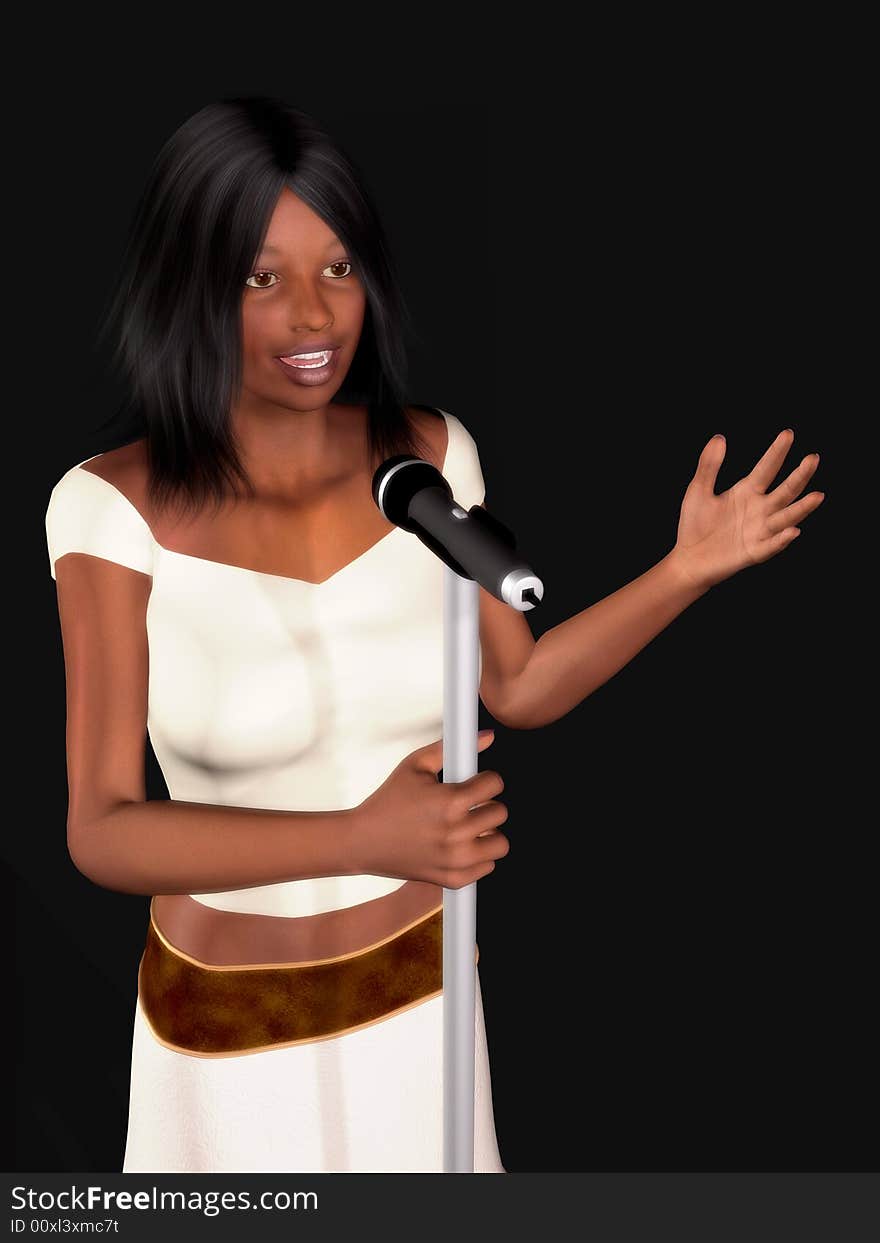 A young beautiful black woman singing with a microphone in her hand.