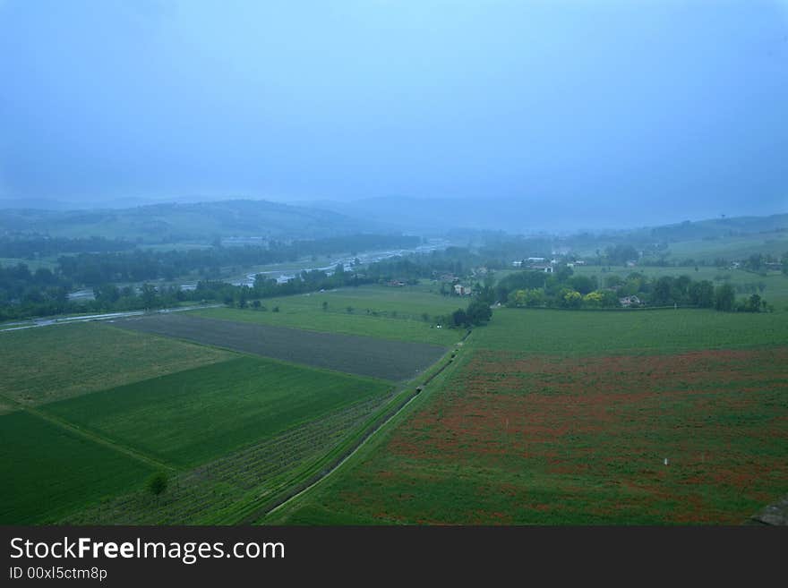 The farmland in a morning fog. The farmland in a morning fog