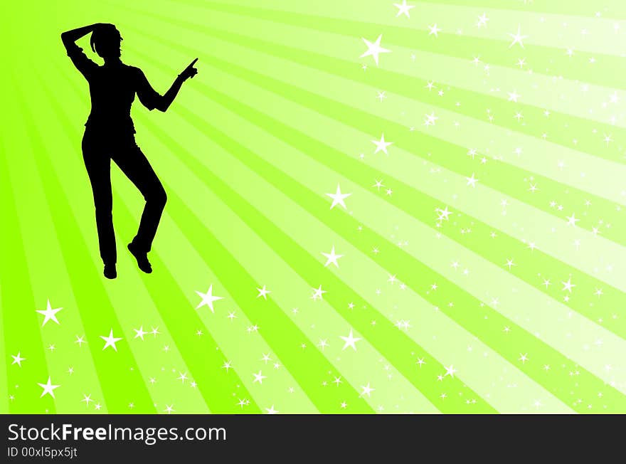 Black silhouette dancing with white stripes behind her on a green backround. Black silhouette dancing with white stripes behind her on a green backround