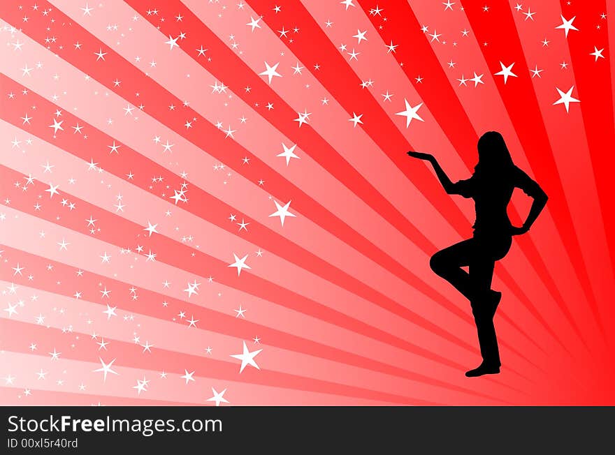 Black silhouette dancing with white stripes behind her on a red backround. Black silhouette dancing with white stripes behind her on a red backround