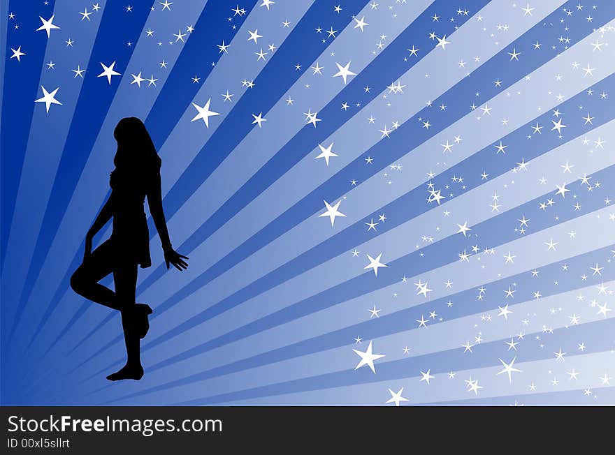 Black silhouette dancing with white stripes behind her on a blue backround. Black silhouette dancing with white stripes behind her on a blue backround