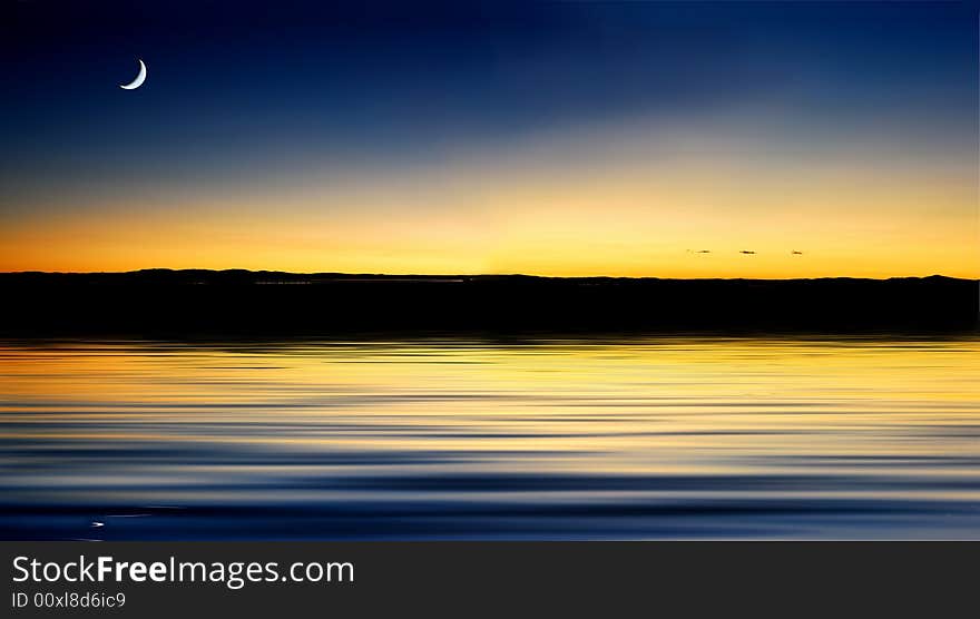 Dusk sunset with moon and water reflection. Dusk sunset with moon and water reflection