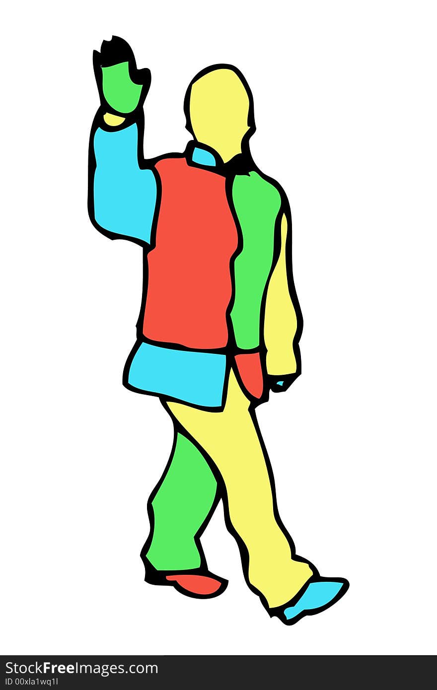 A walking man waving is illustrated in a selection of bright and bold colours. A walking man waving is illustrated in a selection of bright and bold colours.