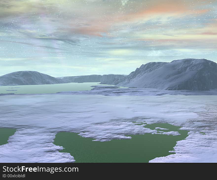 Arctic view, purple rings faintly visible beyond hazy clouds lit with pink. Green ocean visible in foreground, icy mountains in background. Arctic view, purple rings faintly visible beyond hazy clouds lit with pink. Green ocean visible in foreground, icy mountains in background.