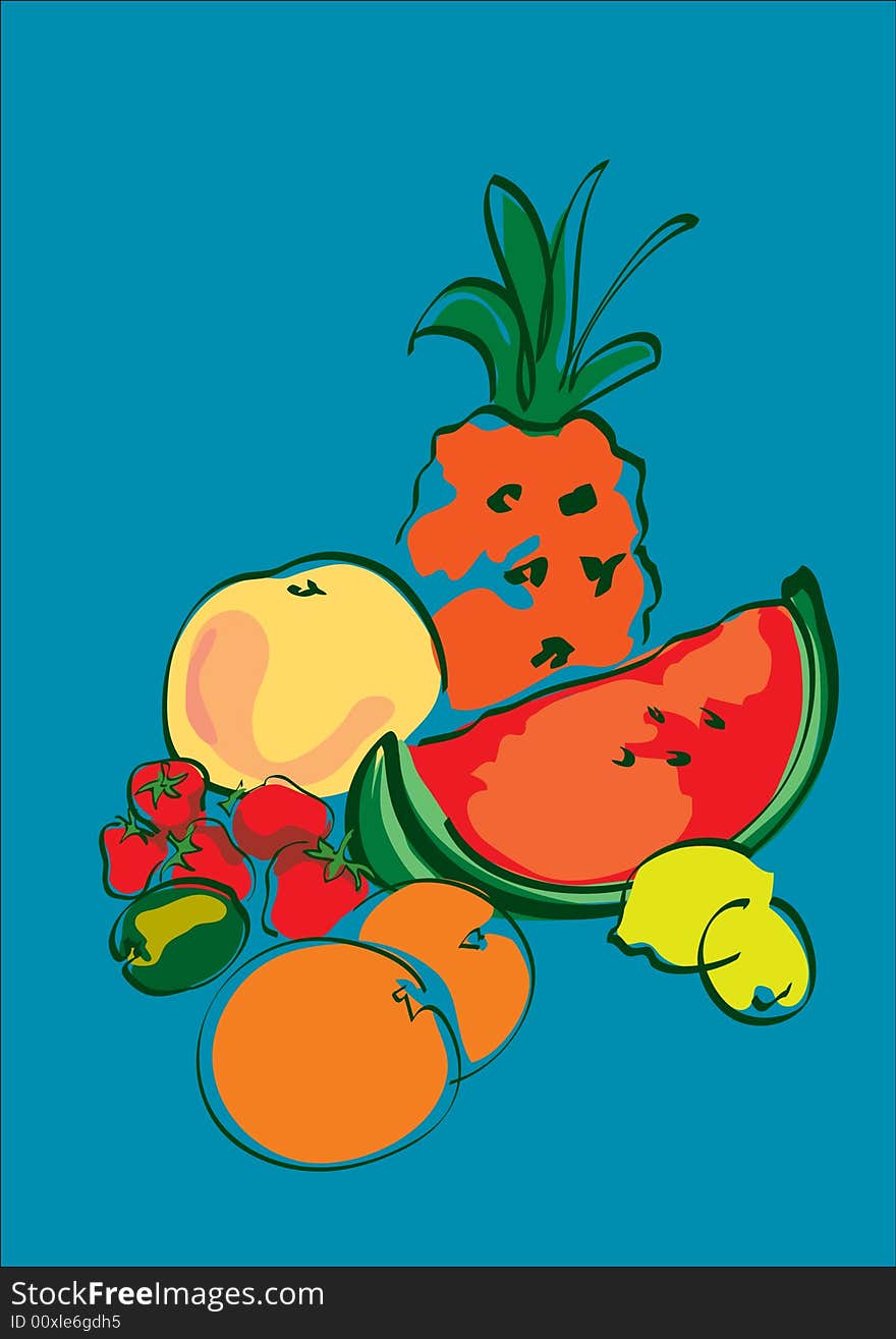 Simple coloured drawing two oranges,  lemons, kiwi, strawberries, melon, grapefruit and pineaple. Simple coloured drawing two oranges,  lemons, kiwi, strawberries, melon, grapefruit and pineaple