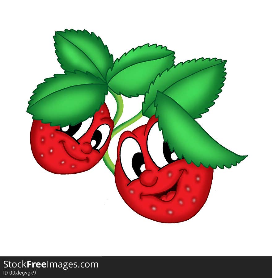 Illustration of two strawberries with smiling faces.