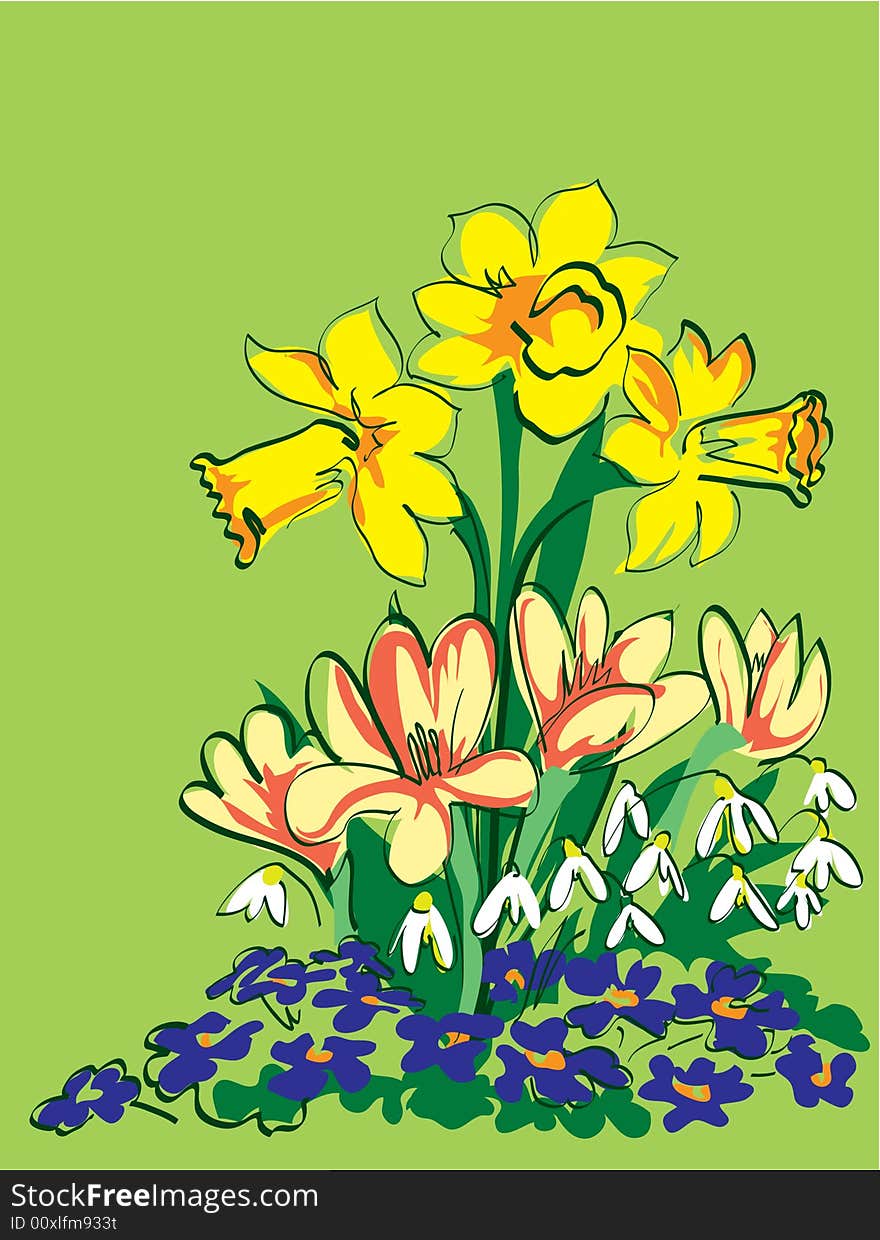 Simple coloured drawing of four kinds of spring growing up from the ground. Simple coloured drawing of four kinds of spring growing up from the ground