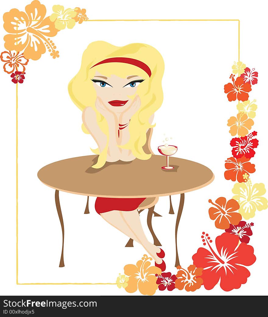 Blonde girl with red hair band, wearing red dress, sitting at round wooden table with a cocktail glass surrounded by intricate flowery pattern. Blonde girl with red hair band, wearing red dress, sitting at round wooden table with a cocktail glass surrounded by intricate flowery pattern.