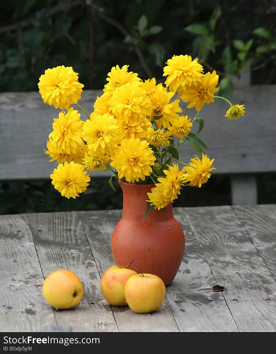 Yellow flowers in a clay jug with yellow apples