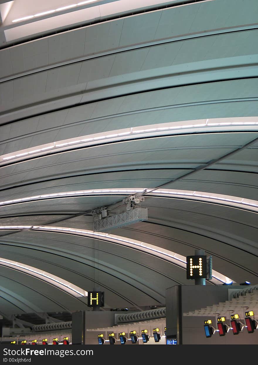 Modern airport ceiling brightly lit