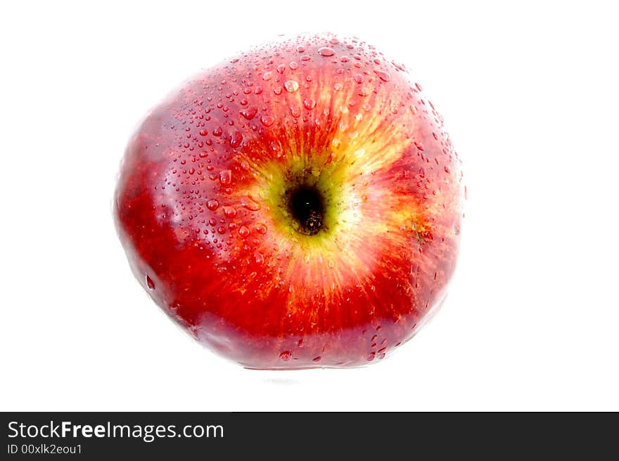 Red apple with water drops in white background