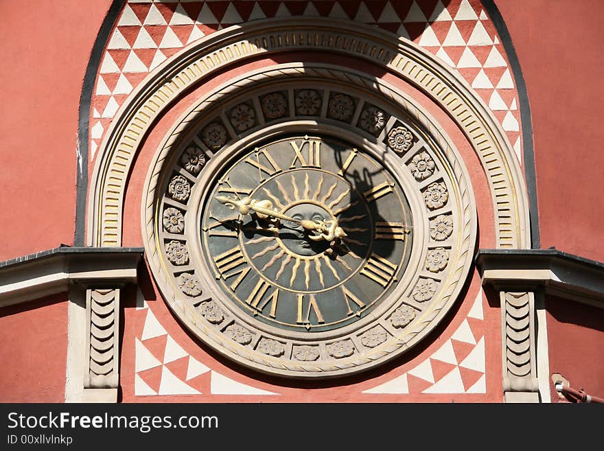 Sunnny clock in Warsaw- Old Town. Sunnny clock in Warsaw- Old Town