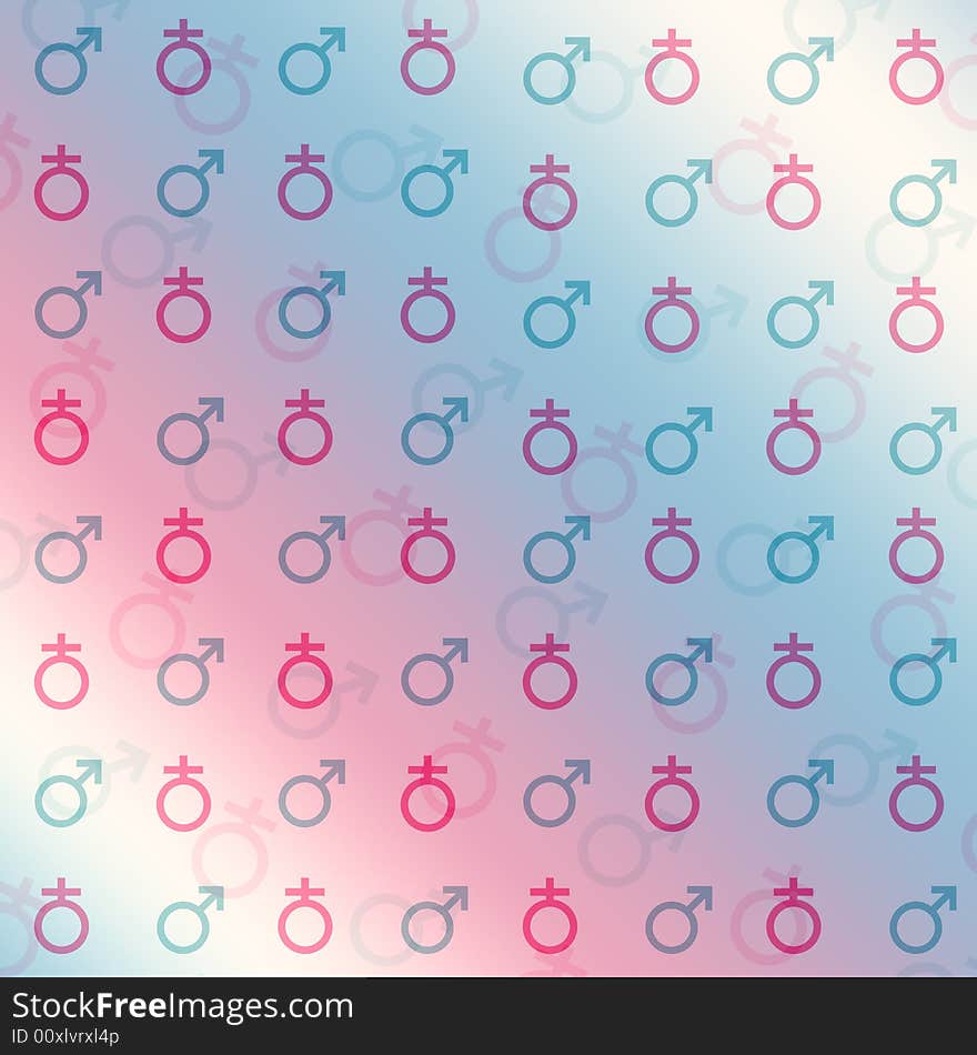 The symbol of women & men in pink & blue on a pastel rainbow. The symbol of women & men in pink & blue on a pastel rainbow.