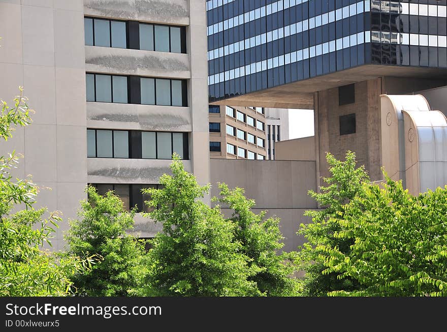 City office buildings cluster together in a small space