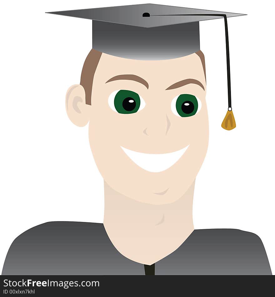 Vector illustration of a closeup of a young man graduating, with hat and gown