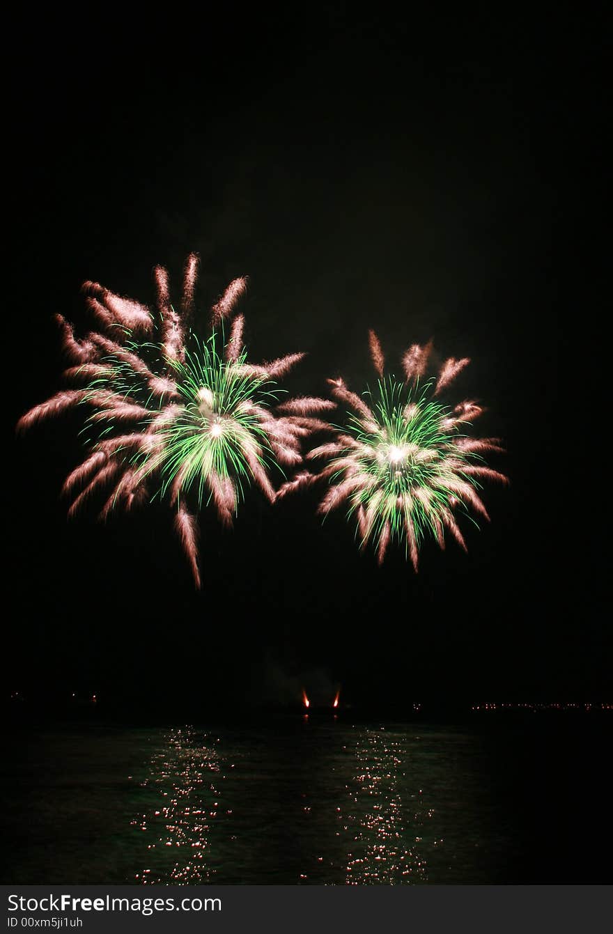 Green and white spider-like fireworks by the bay. Green and white spider-like fireworks by the bay