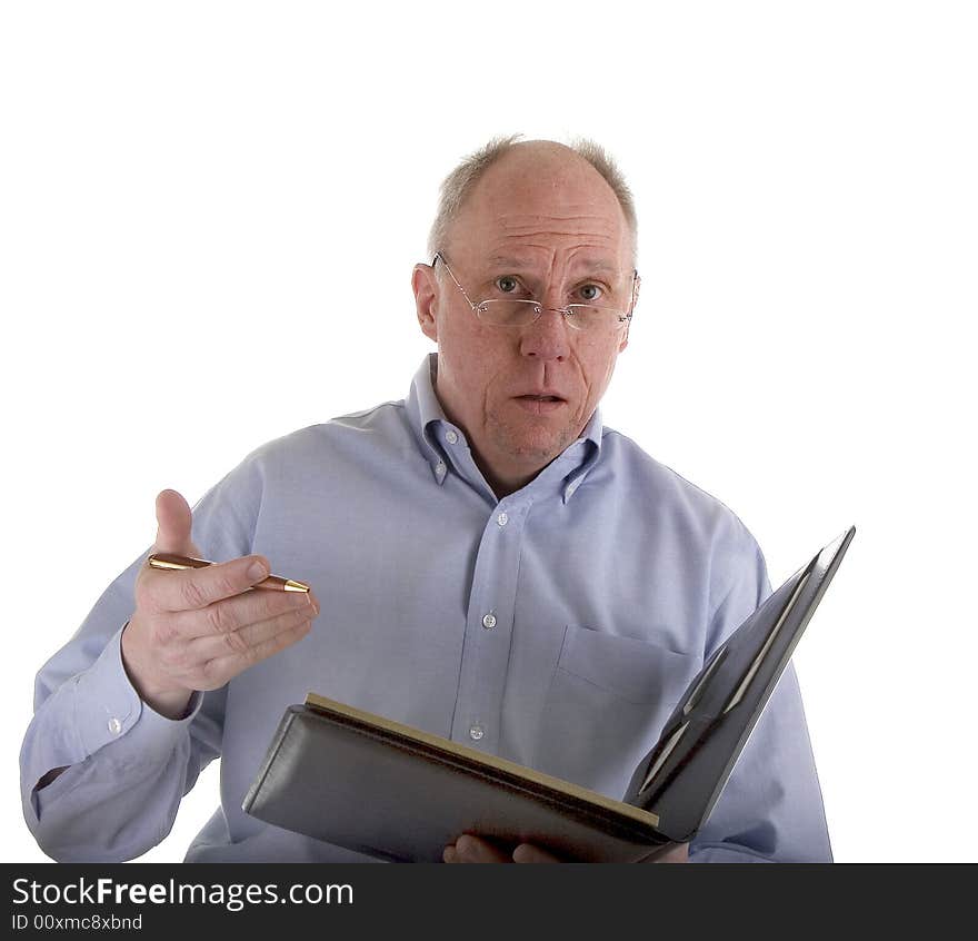 An older guy in a blue shirt explaining an estimate or problem. An older guy in a blue shirt explaining an estimate or problem