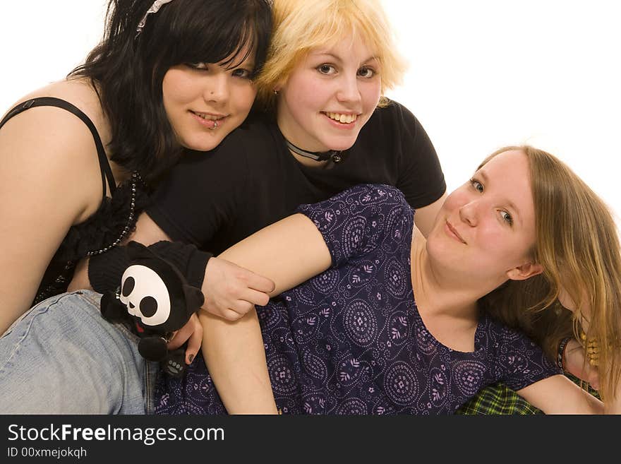 Three young girls on white background. Three young girls on white background