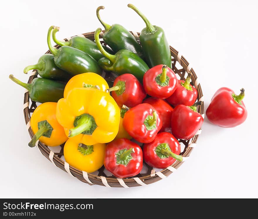 Still life of a basket of chillies.