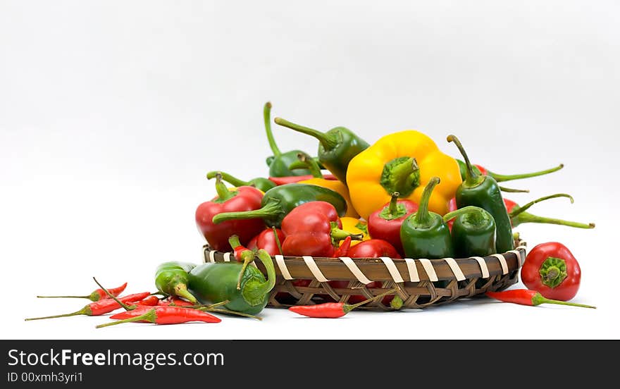 Still life of a basket of chillies.