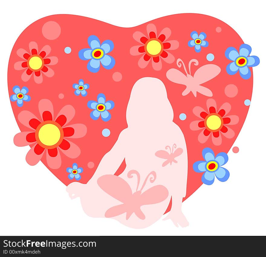 Pink girl silhouette with butterflies and ornate heart with flowers isolated on a white background. Pink girl silhouette with butterflies and ornate heart with flowers isolated on a white background.