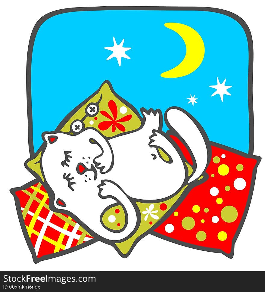 The amusing white cat sleeps on pillows on a background of the night sky.