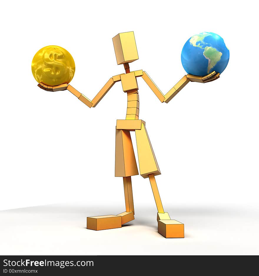 3d image of Man, Globe and Gold. White background.