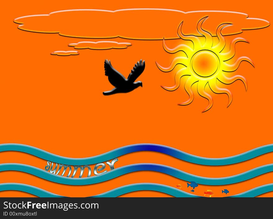 Stylized concept of summer, with sea, sun, fish