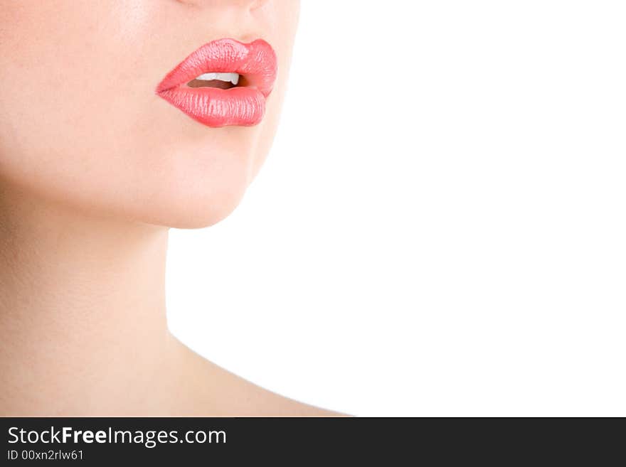 lips of a beautiful young woman over white background