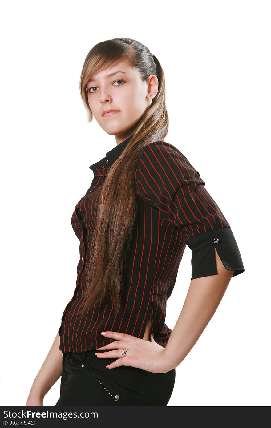 The young woman in a striped shirt on a white background