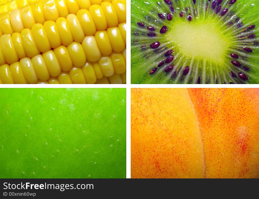 Corn, kiwi, apple and  peach close up. Corn, kiwi, apple and  peach close up