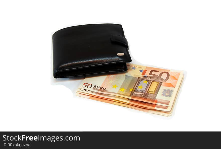 Isolated leather purse with several banknotes of euro