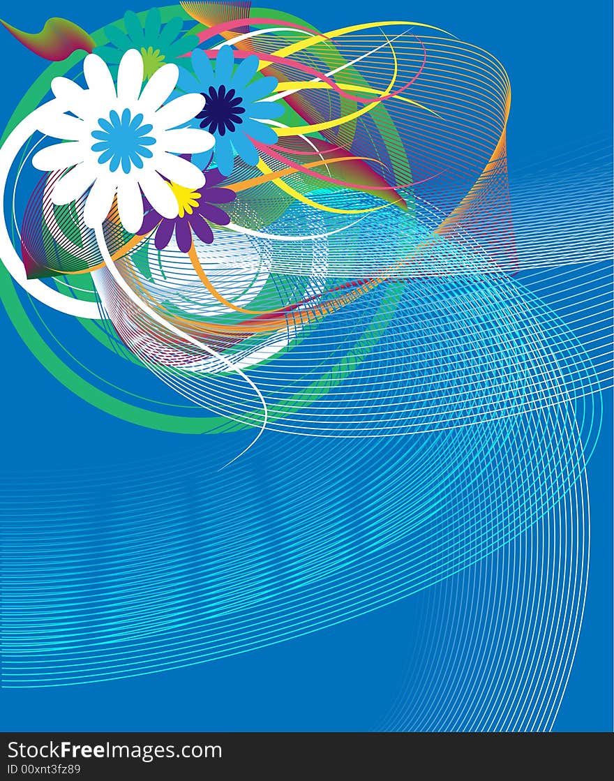 A decorated blue background with flowers, lines and circles. A decorated blue background with flowers, lines and circles