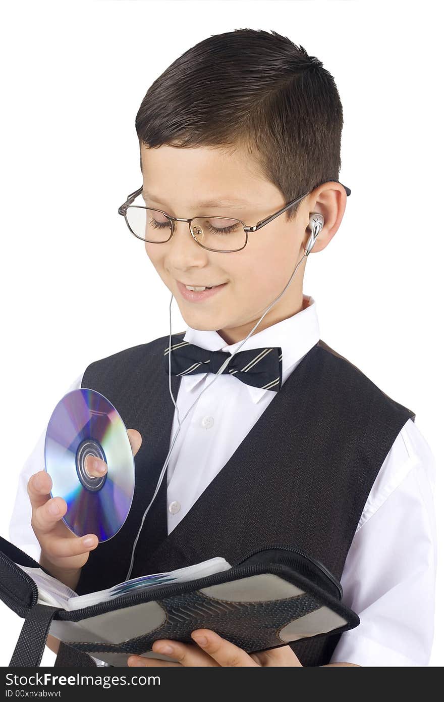 Young boy with cd isolated on white background